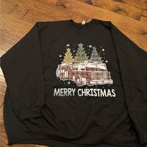 Gildan Black Merry Christmas Sweatshirt with Fire Truck Design
